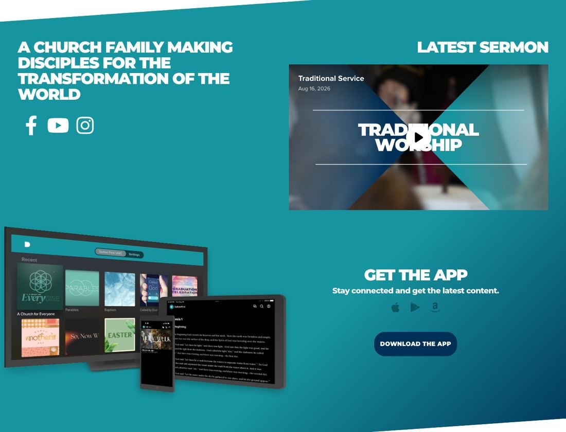 The Dalton First homepage below the fold: latest sermon video and the church app promotion