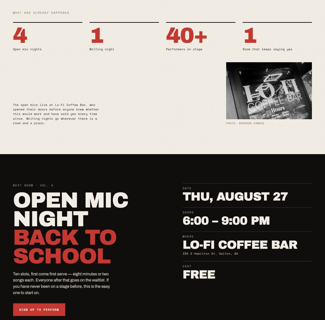 The Ghost Noise stats band and next-show block, showing four open mic nights and the details for the next event at Lo-Fi Coffee Bar