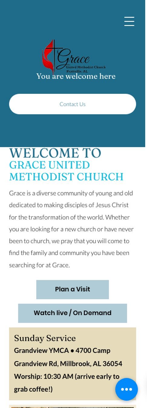 The Grace UMC homepage on a phone, showing service time and address without scrolling