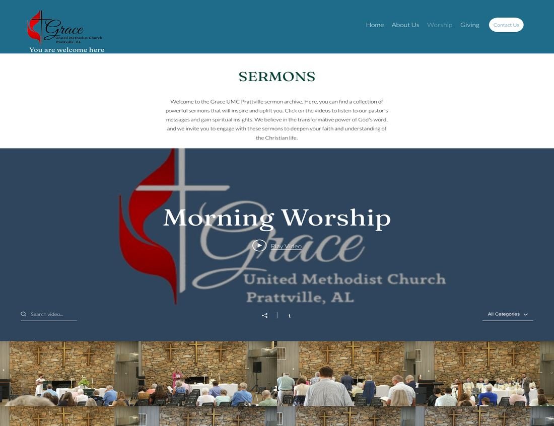 The Grace UMC sermon archive, a searchable grid of recorded Sunday services