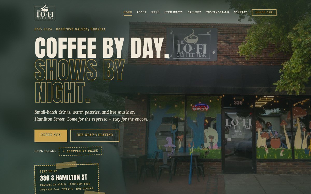 The Lo/Fi Coffee Bar homepage: “Coffee by day. Shows by night.” over a photo of the storefront on Hamilton Street, in hunter green and gold