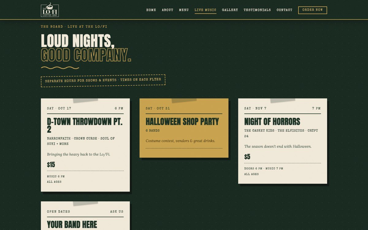 The Lo/Fi Coffee Bar show board: upcoming shows styled as flyers on a dark green wall, each with date, lineup, cover, and door time